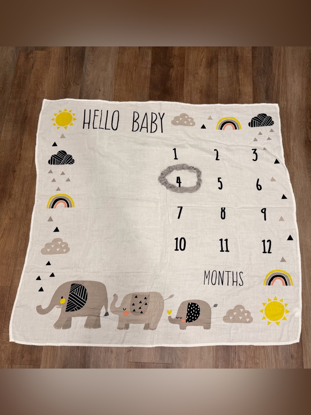 Hello Baby Milestone Blanket with Elephant Design - White, Gray, Yellow